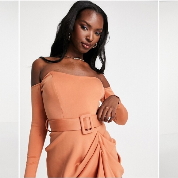 ASOS Design Elegant Tan Orange Long Sleeve Bardot Neckline Drape Mid Dress - Picture 5 of 11